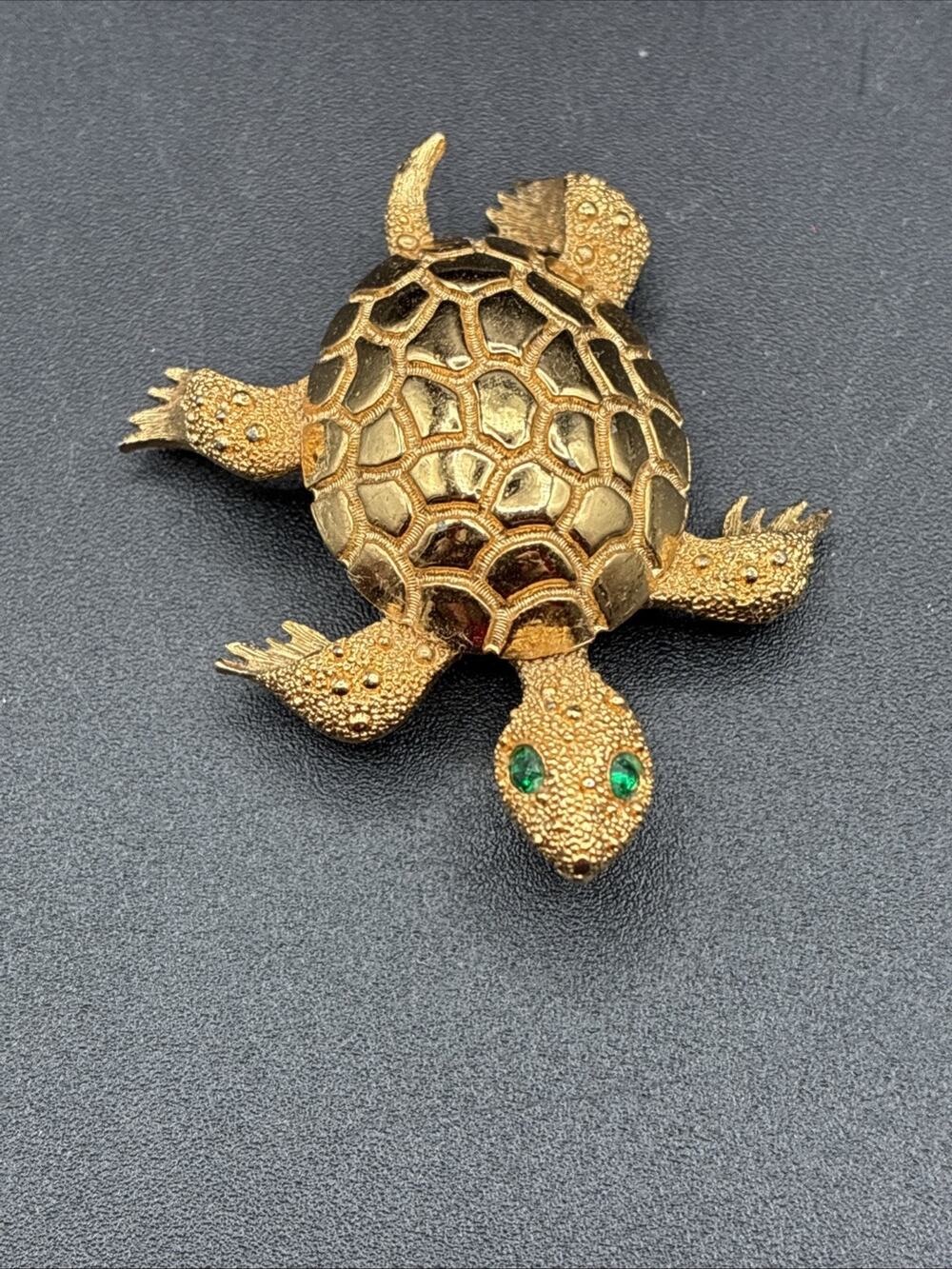 Vintage Monet Turtle Brooch Pin Gold Tone Green Rhinestone Eyes Jewelry Signed